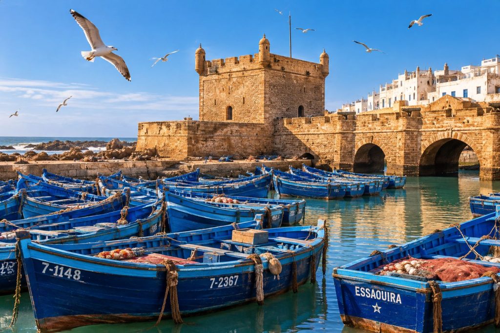 ميناء الصويرة بقوارب الصيد الزرقاء والأسوار القديمة