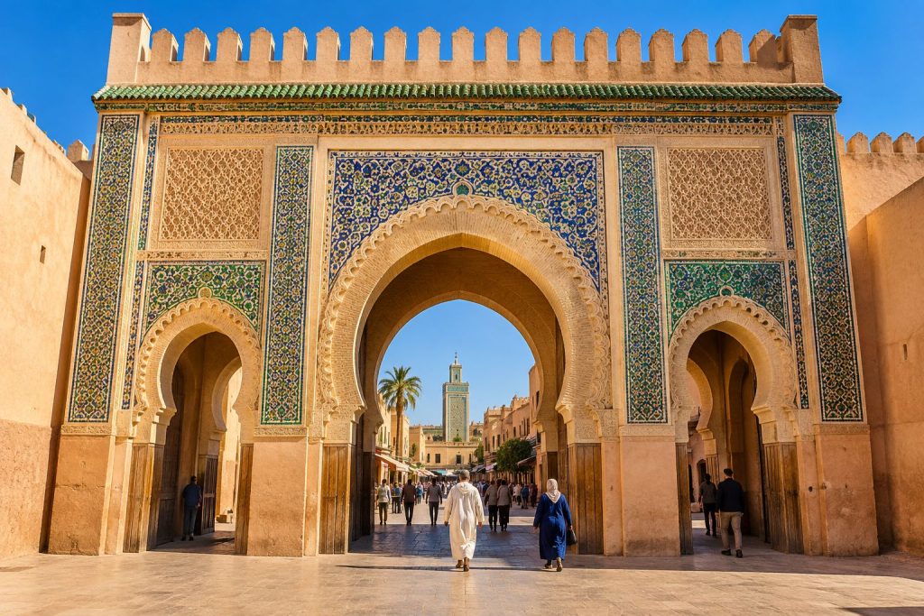 باب مدينة ضخم مزين بالزليج الأزرق والأخضر